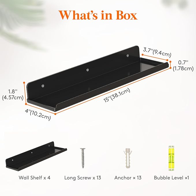 Lifewit Floating Shelves for Wall, 4 Pack Black Acrylic Shelf 15" Room Decor for Bookcase/Vinyl Record Display/Photo/Picture in Bedroom, Living Room, Bathroom, Kitchen Storage and Organization