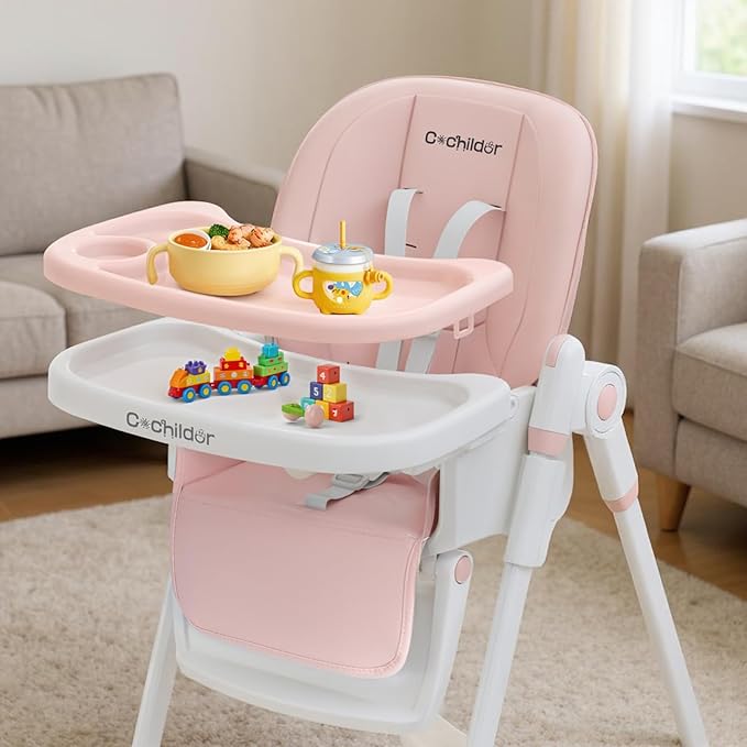 3-in-1 Foldable High Chair for Babies & Toddlers – Adjustable Height, Reclining Seat, 5-Point Safety Harness, Removable Tray, Lockable Wheels, Washable Cushion – Portable & Easy Clean, Pink