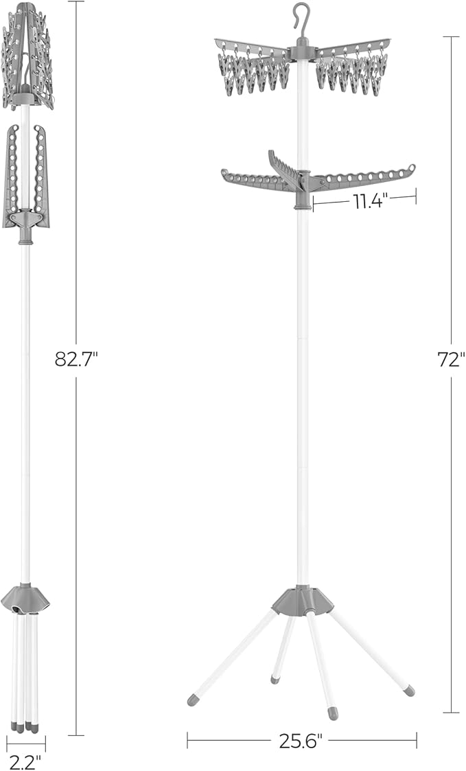 SONGMICS 2-Tier Clothes Drying Rack, 72-Inch Folding Laundry Drying Rack with 3 Rotatable Arms for Hangers, 24 Clips, Stainless Steel, for 27 Pieces of Clothes, Gray and White ULLR512G01
