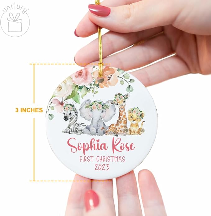 Unifury Personalized Baby First Christmas Ornament 2024, Keepsake for Babies First Christmas Tree, Holiday Decor for Celebrating Ceramic Babys 1st Christmas Ornament 2024, Safari Animal Floral