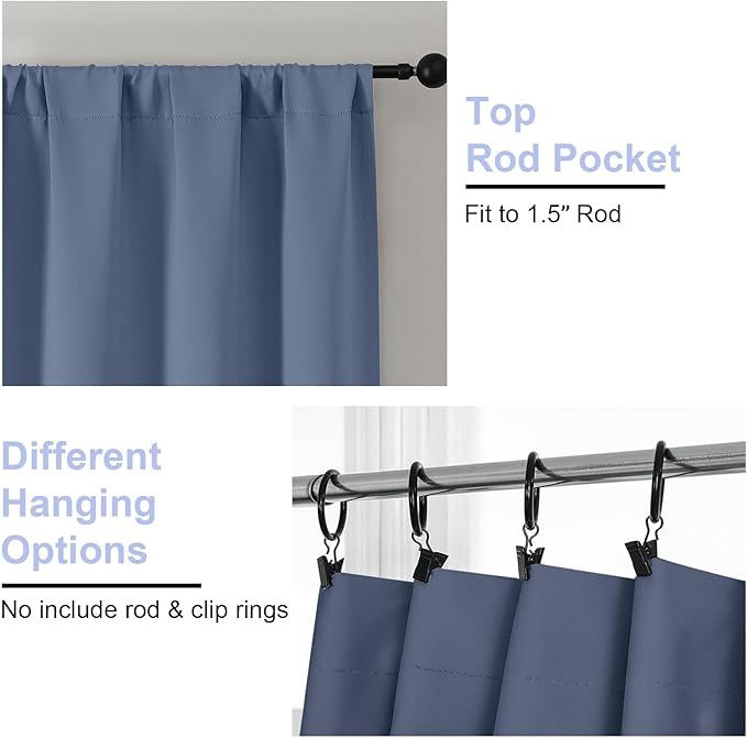Simplebrand Ava Denim Blue Blackout Curtains for Bedroom 63 Inch Length 2 Panels, Solid Thermal Insulated Energy Saving Rod Pocket Window Treatment Curtains Blackout Drapes, W40 x L63 Inch, Denim Blue