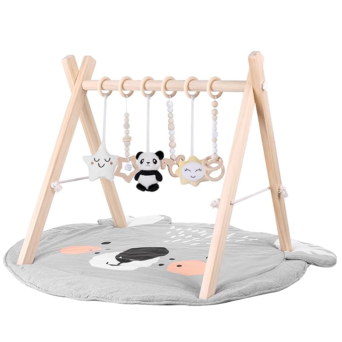 Baby Play Gym with Mat – Wooden Montessori Gym for Newborns 0-12M,Natural Pine Wood with 6 Sensory Toys,Foldable & Portable (Koala)