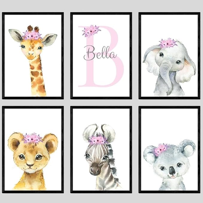 Personalized Safari Animals for Baby Girls Nursery, Set of 6 Unframed Poster Prints, Personalized Name Pink Lilac Floral, Girls Bedroom Decor, Elephant Giraffe (11x14)