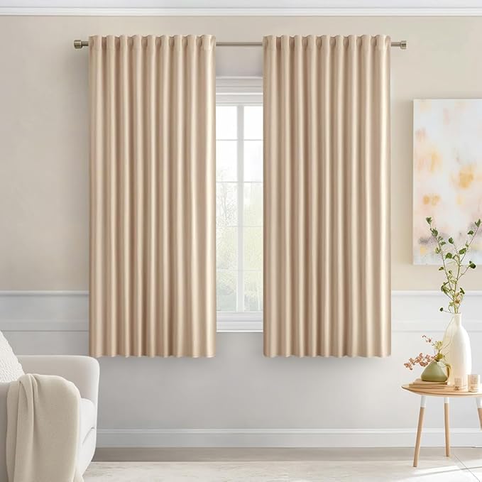 MIULEE Beige Back Tab Blackout Curtains 63 Inch Length 2 Panels Set for Living Room Bedroom Privacy, Rod Pocket/Pinch Pleat Thermal Insulated Room Darkening Pleated Light Blocking Drapes
