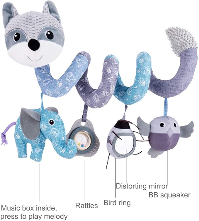 Car Seat Toys, Baby Plush Spiral Hanging Toys for Stroller Crib Bar Bassinet Car Seat Mobile with Musical Owl BB Squeaker Elephant- Gray Fox