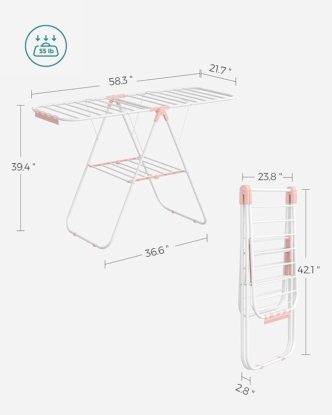 SONGMICS Clothes Drying Rack, with Sock Clips, Metal Laundry Rack, Foldable, Space-Saving, Free-Standing Airer, with 2 Height-Adjustable Gullwings, Indoor Outdoor Use, White and Pink ULLR052P01