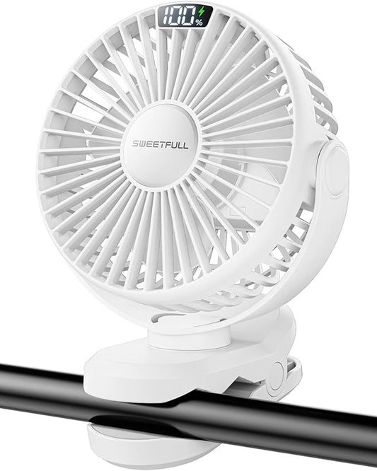 SWEETFULL Portable Clip on Fan - Battery Operated Rechargeable Fan with LED Display, 4 Speeds, Mini Personal Cooling Desk Fan for Golf Cart Travel Camping Gym - White