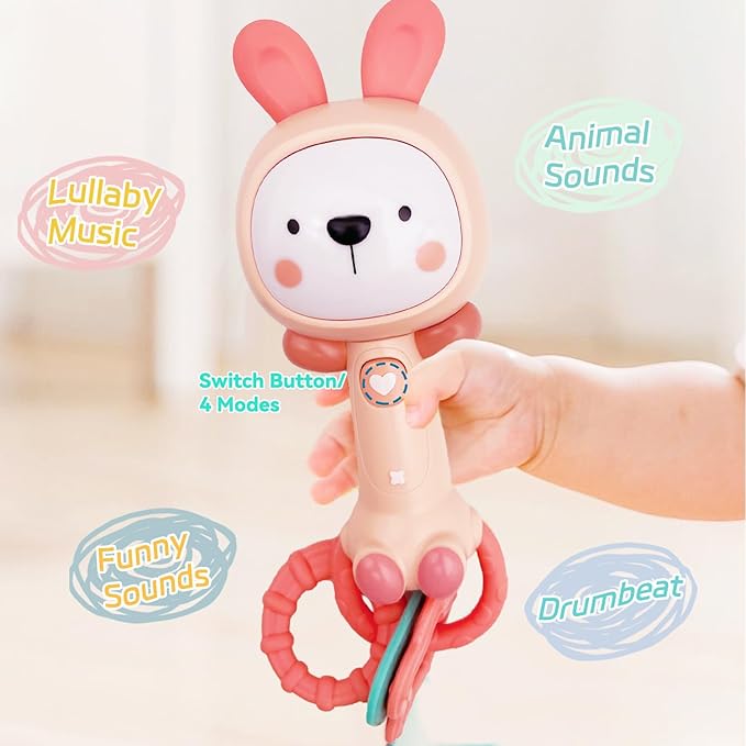 Baby Music Rattle, Teething Toys for Infants 6-12-18 Months Toddlers, Light-Up & Chew Sensory Toys for Baby Boy Girl Gifts (Rabbit)