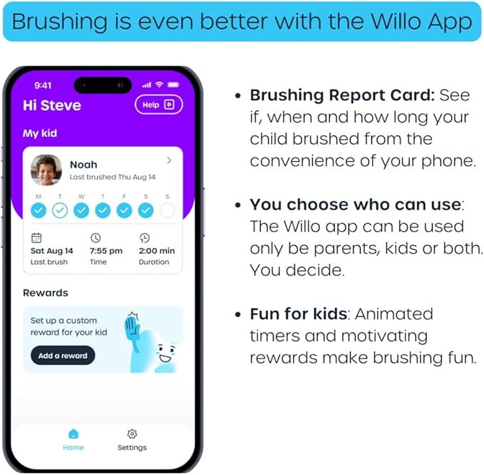 Willo Fully Automatic Kids U-Shaped Electric Toothbrush - 2 Brushing Timers, Deep-Cleans, Consistent Results, Eliminates Brushing Mistakes - Berry Splash (Medium - Kids Ages 8-11 Years)