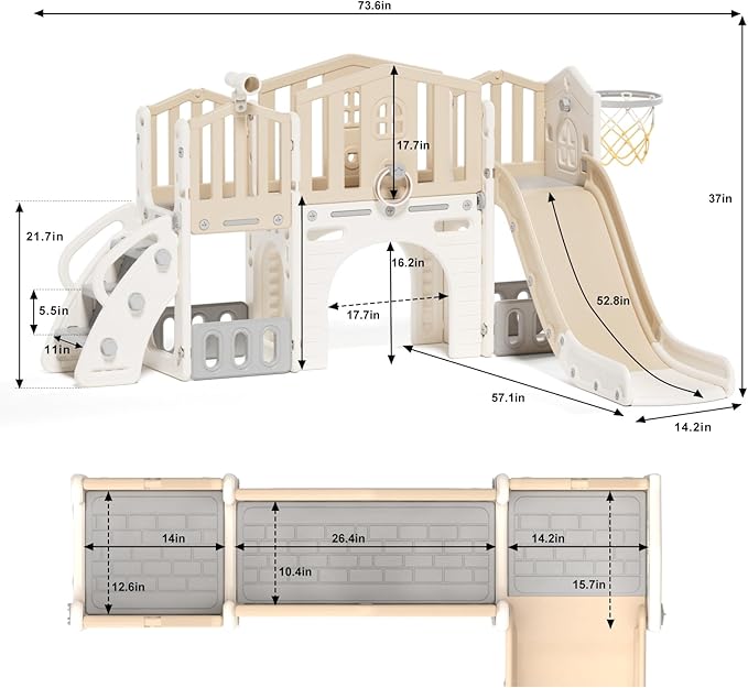 KORIMEFA 8 in 1 Toddler Slide Set, Kids Slide for Toddlers Age 1-3, Toddler Climber PlaySet with Basketball Hoop and Ball, Outdoor Indoor Kids Playground for Toddlers 1-3, Beige