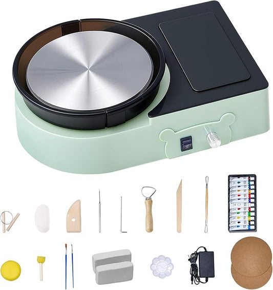 VEVOR Mini Pottery Wheel For Kids and Beginners, 6” Turntable, Two-way Rotation, Adjustable Speed, Complete Pottery Set with Clay Art Supplies Sculpting Tools, Craft Gifts for Kids Teens Adults, Green