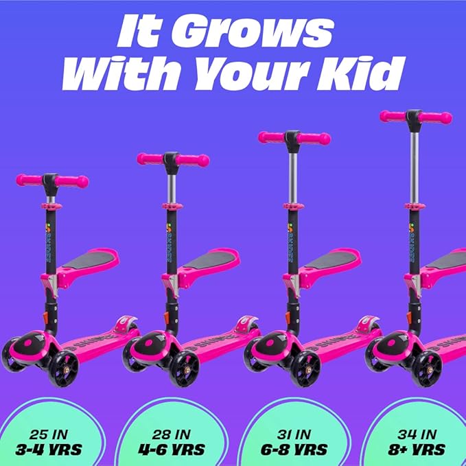 SKIDEE Kick Scooters for Kids Ages 3-5, Adjustable Height Foldable Scooter with Removable Seat, 3 LED Light Wheels, Rear Brake, Wide Standing Board, Suitable Up to 12 Year Old Boys/Girls