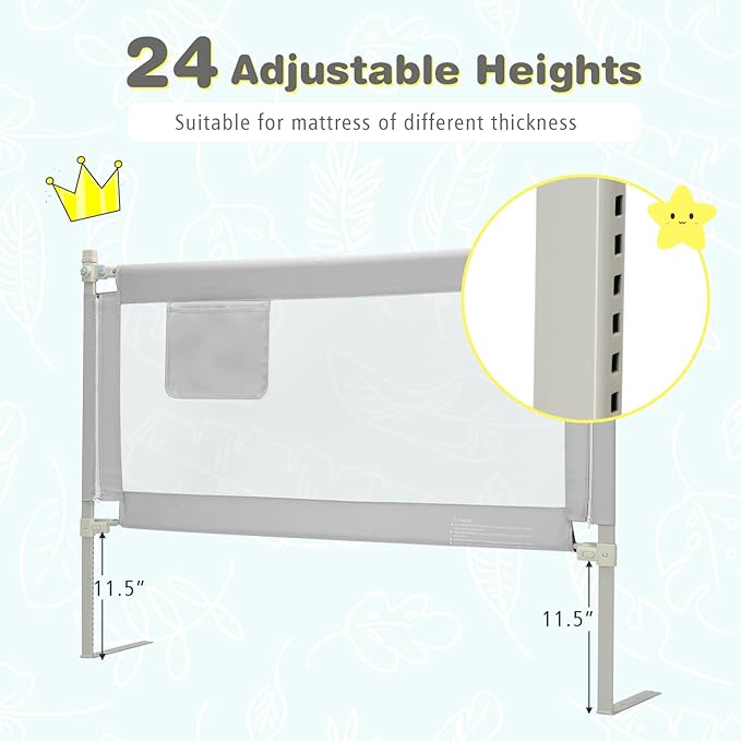 BABY JOY Bed Rail for Toddlers, 57’’ Extra Long, Height Adjustable, Foldable Baby Bed Rail Guard w/Storage Pocket & Double Safety Child Lock for Kids Twin Full Size Queen King Mattress (Gray, 57'')