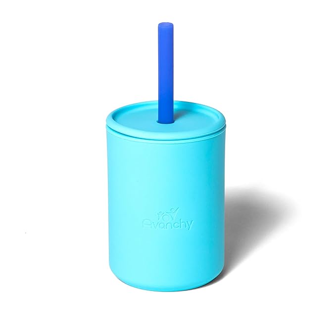 Avanchy Silicone Training Sippy Cup with Straw Lid – Tiny Cup for Babies 6+ Months to Toddlers 1 Year Old – 5 oz Infant Water Cup for Baby Led Weaning, Blue