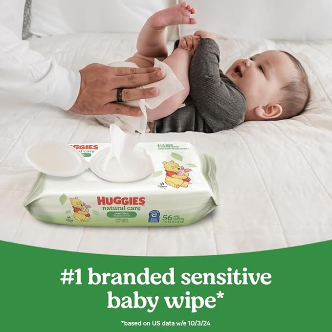 Huggies Natural Care Sensitive Baby Wipes, Unscented, Hypoallergenic, 99% Purified Water, 9 Flip-Top Packs (3 packs of 3), 504 Total Wipes (56 Wipes per pack), Packaging May Vary