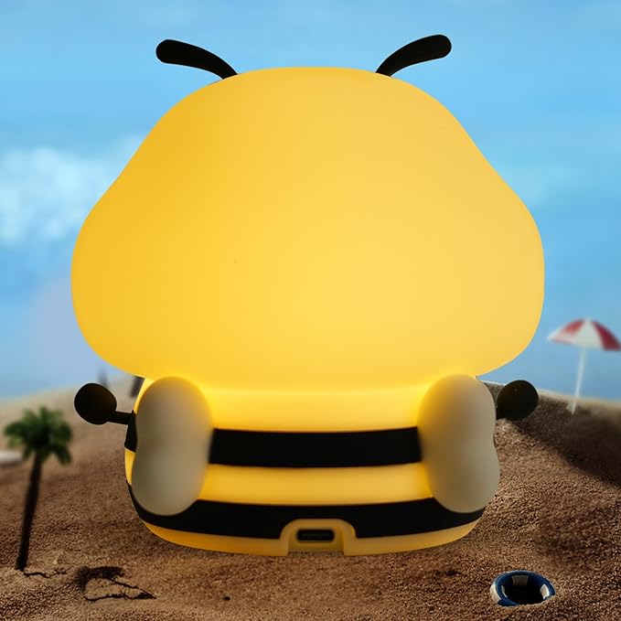 Bee Night Light for Kids,Cute Squishy Silicone Nursery Night Lamp Kawaii Animal Bedside Nightlight with 7 Colors 3 Levels Dimmable Tap Control Rechargeable Nightlights for Kids, Room Decor
