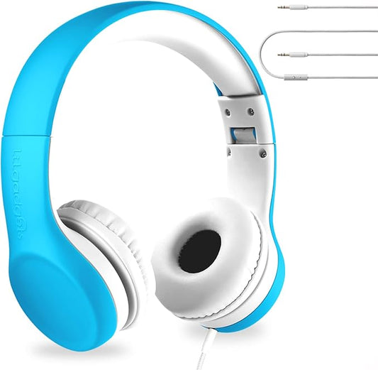 LilGadgets Connect+ Wired Kids Headphones for School with Mic, Volume Limited & Noise Reduction, On-Ear Headset with Cord, SharePort Technology for Multiple Kids & SoftTouch Padding, Blue