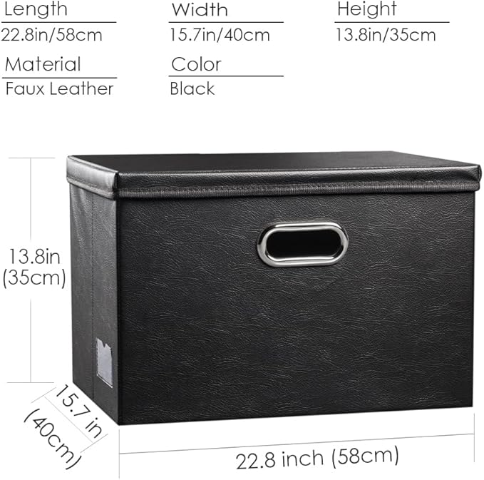 PRANDOM Extra Stackable Storage Bins with Lids [5-Pack] Leather Fabric Foldable Storage Boxes Organizer Containers Baskets Cube with Cover for Bedroom Closet Office Nursery Black (22.8x15.7x13.8)