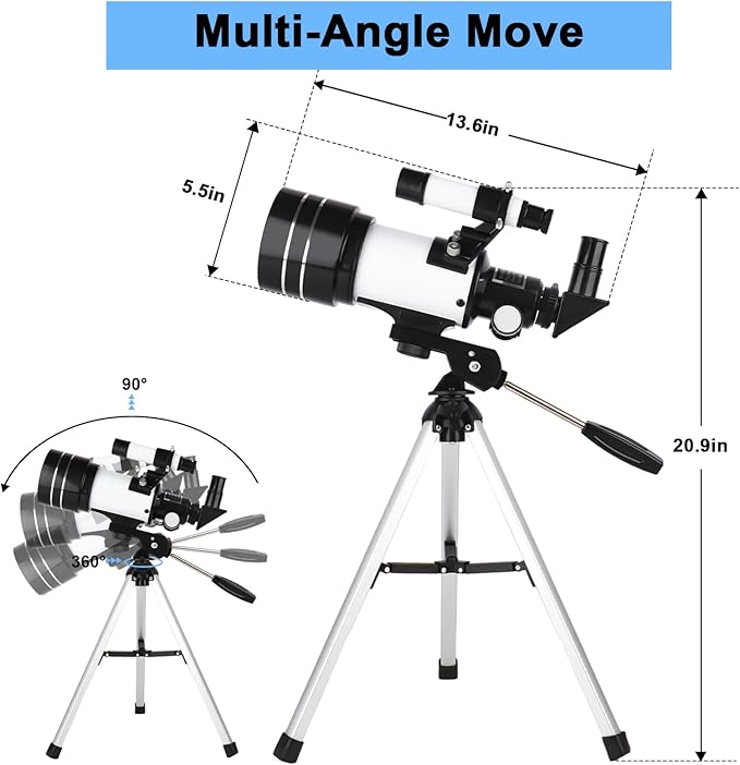 Telescope for Adults & Kids, 70mm Aperture 300mm Refractor Telescope, Portable Travel Refractor Telescopes for Astronomy Beginners with Tripod, Phone Adapter