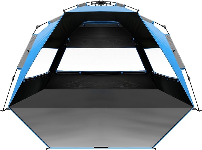 OutdoorMaster Beach Tent with Blackout Shelter Technology, Portable Beach Shade Sun Shelter Canopy for 4-6 Person with UPF 50+ UV Protection, Easy Setup Pop Up Tent Family Size
