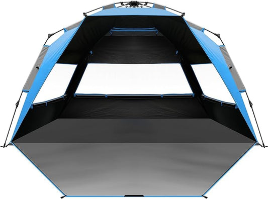 OutdoorMaster Beach Tent with Blackout Shelter Technology, Portable Beach Shade Sun Shelter Canopy for 4-6 Person with UPF 50+ UV Protection, Easy Setup Pop Up Tent Family Size