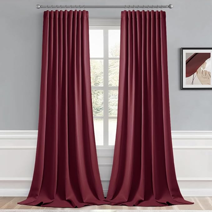 MIULEE Wine Red Back Tab Blackout Curtain 96 Inch Long 2 Panels Set for Bedroom, Rod Pocket/Pinch Pleat Thermal Insulated Living Room Darkening Pleated Light Blocking Floor to Ceiling Drape