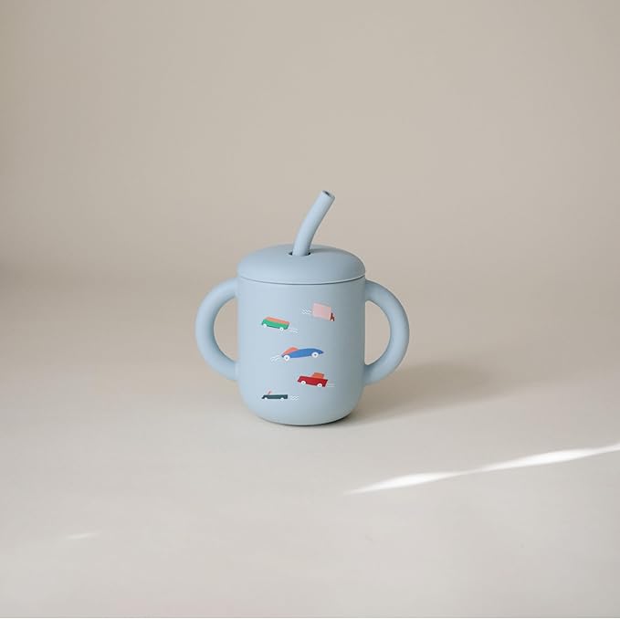 mushie 100% Silicone Training Cup & Straw for Toddlers | 6 Months+ (Retro Cars)
