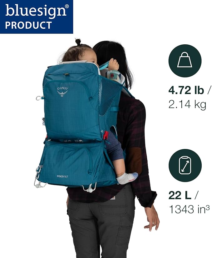 Osprey Poco SLT Lightweight Child Carrier Backpack - Slimmed-Down Hiking Carrier for Toddlers with Safety Harness, Sunshade, and Ventilated Backpanel - Lightweight Travel-Friendly Option