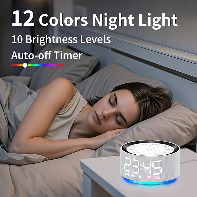 Brown Noise Machine Alarm Clock Sound White Noise Machine Night Light with 30 Sleeping Sounds for Baby Kids Adults 2 Alarms Backup Battery 32 Level Volume 15 Wake up Sounds for Mild Heavy Sleeper