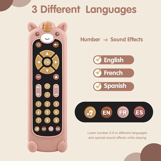 Nueplay Baby TV Remote Control Toy with Silicone Teether Cover, Toddler Realistic Controller, Early Number Learning in 3 Languages (English, Spanish & French), Preschool Girls Toys 6, 12, 18 Months