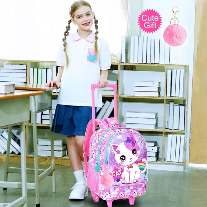 Girls Rolling Backpack, Cute Cat Roller Wheels Kids Bookbag - Wheeled Elementary School Bag - 3PCS Cat
