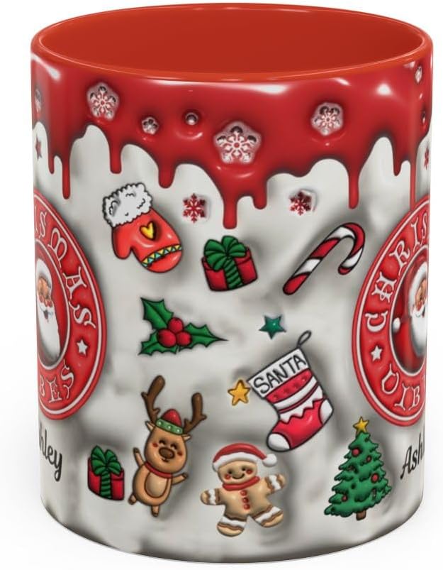 Personalized 3D Effect Christmas Mugs with Names, Santa Claus Coffee Mug, Custom Reindeer Accent Mug Christmas Gifts For Women Men Friends Family Gingerbread Man Mug 11 Oz