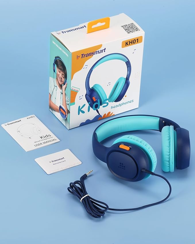 Tronsmart Kids Headphone for School Travel, Foldable Safe Volume 85/93dB, HD Stereo Sound Over-Ear Boys Girls Headphones for Kid, 3.5mm Kids Headphones with Cord for iPad, Kindle, Tablets,KH01(Blue)
