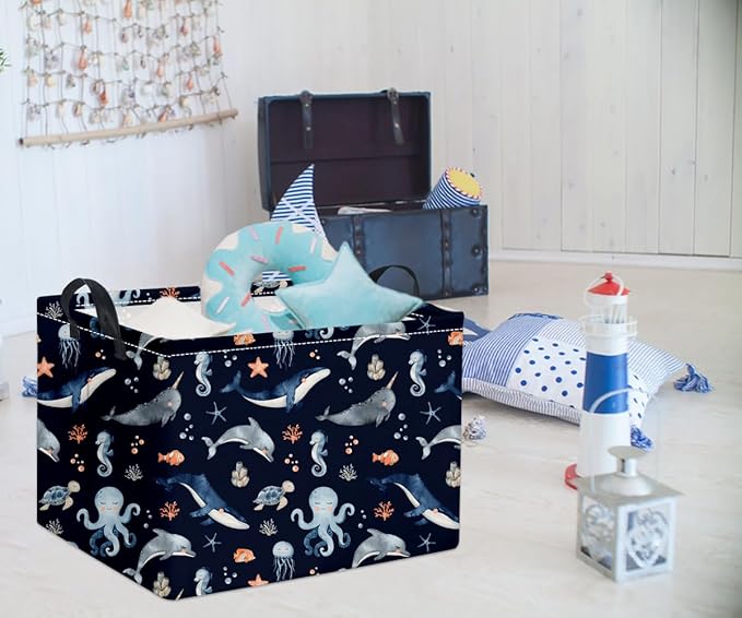 HIYAGON Rectangular Ocean Basket Kids Baby Storage Bin Toy Organizer Box for Boys Under the Sea Nursery Decor(Ocean)