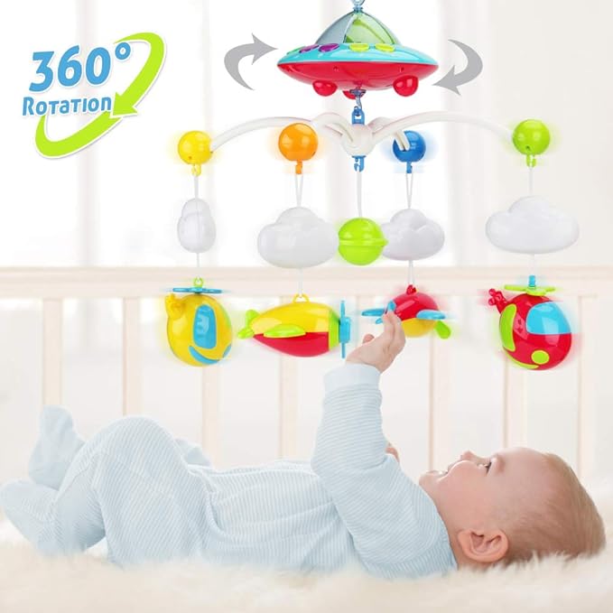Baby Musical Crib Mobile with Hanging Rotating Toys, Remote Control, Lights Projector Function Music Box, Cartoon Rattles for Babies Boy Girl 0-24 Months, Newborn Sleep with 108 Melodies (Plane)