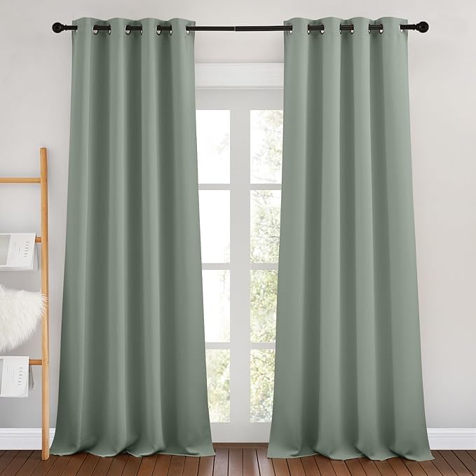 NICETOWN Sage Green Room Darkening 102 inch Curtains, Grommet Thermal Curtains Weighted Window Treatments for Living Room/Farmhouse, W46 x L102, 2 Panels