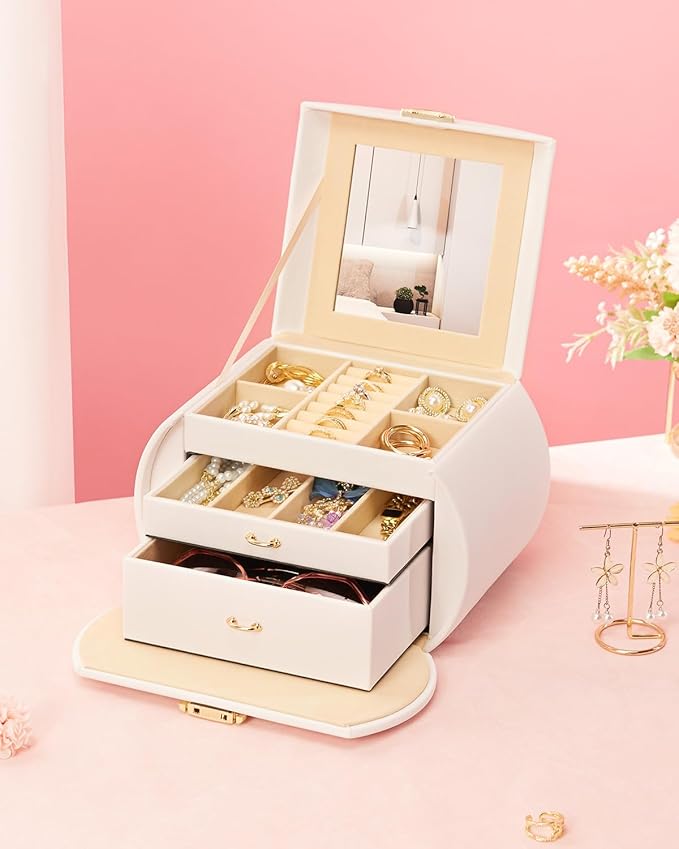 Homde Girls Jewelry Box Jewelry Storage Case Organizer with Mirror for Rings, Earrings, Bracelets, Necklaces (White + Gold)
