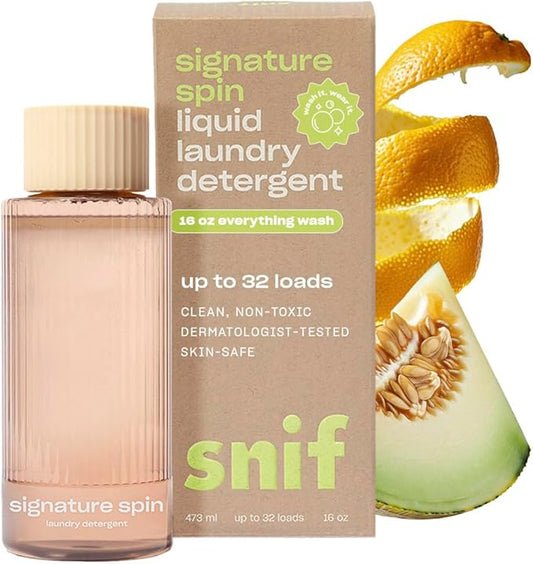 Snif Signature Spin Laundry Detergent, Classic, Clean and Crisp Scent, 32 Loads, Non-Irritating to Skin, Clean, Non-Toxic, Vegan, Cruelty Free, 16oz