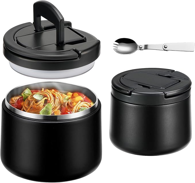 14oz Insulated Vacuum Food Jar with Buckle Lid,Soup Thermo for Hot Food Kids,Wide Mouth Leakproof Stainless Steel Lunch Container with Spoon-Black