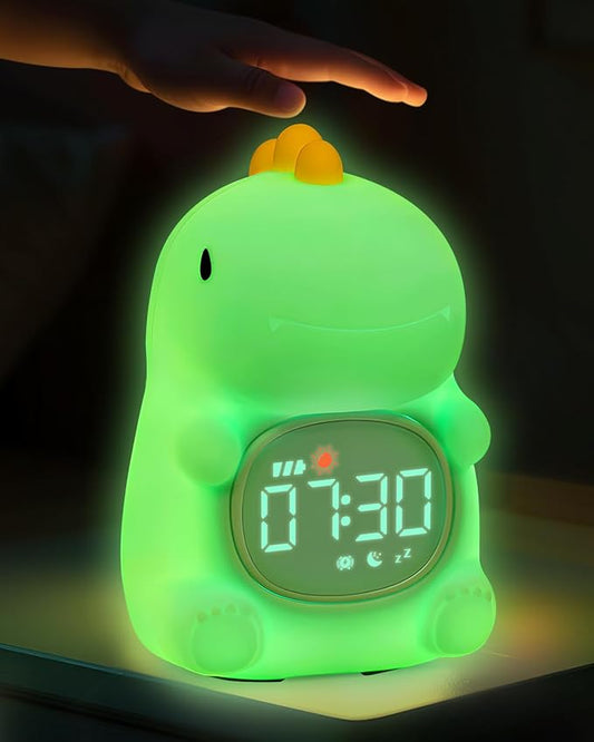 Dinosaus Alarm Clock for Kids with Night Light, Sleep Training Clock Time to Wake Clock, Rechargeable Silicone Light for Bedroom, Perfect Sleep Companion for Boys Girls