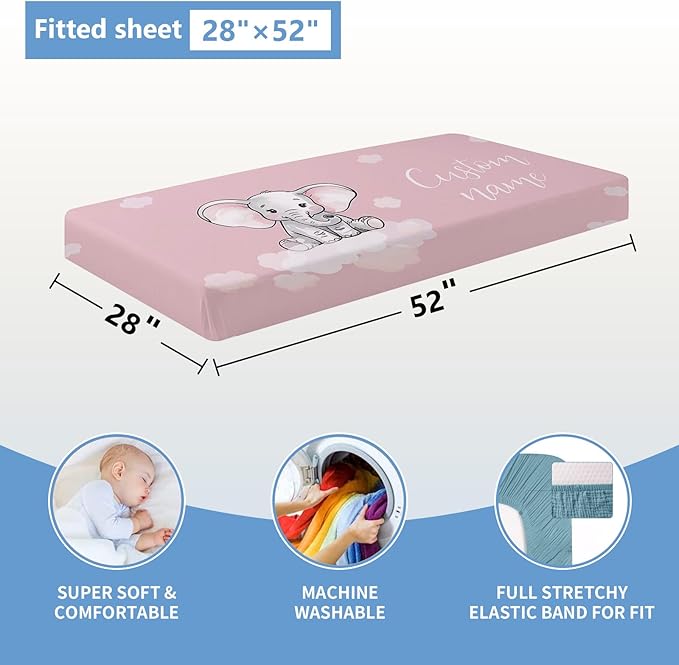 Personalized Nursery Bedding Set, 5 Pcs - Custom Baby Girl Elephant Bedding, Toddlers Bedding Set with Name, Double Layer, Customized Gift for Infant Kid