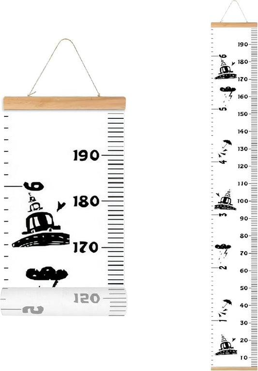 Kids Growth Chart, Wood Frame Fabric Canvas Height Measurement Ruler from Baby to Adult for Child's Room Decoration 7.9 x 79in (7.9 x 79in, Black Car)