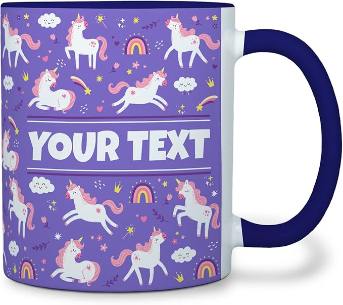 Personalized Mug for Kids - Purple Unicorn - Custom Name/Text, Ceramic Hot Chocolate/Cocoa/Coffee Cup for Girls, Birthday/Christmas/Holiday Gift - 11 oz, Navy Blue Handle