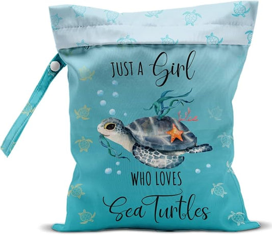 Waterproof Wet Bag for Swimsuit, Travel Beach Wet Dry Bag, Hidden Zipper Reusable Baby turtle Wet Bags, for Travel Beach Wet Swimsuits Toiletries Diapers Dirty Gym Clothes Laundry Bag