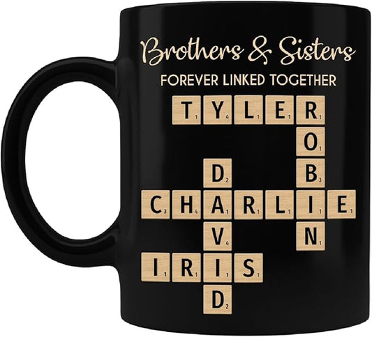 Trending Custom Brothers & Sisters Forever Linked Together Personalized Mug Brothers Sisters Crossword Puzzle Art Mug, Gift For Brothers, Sisters, Siblings, Family Member on Birthday Christmas