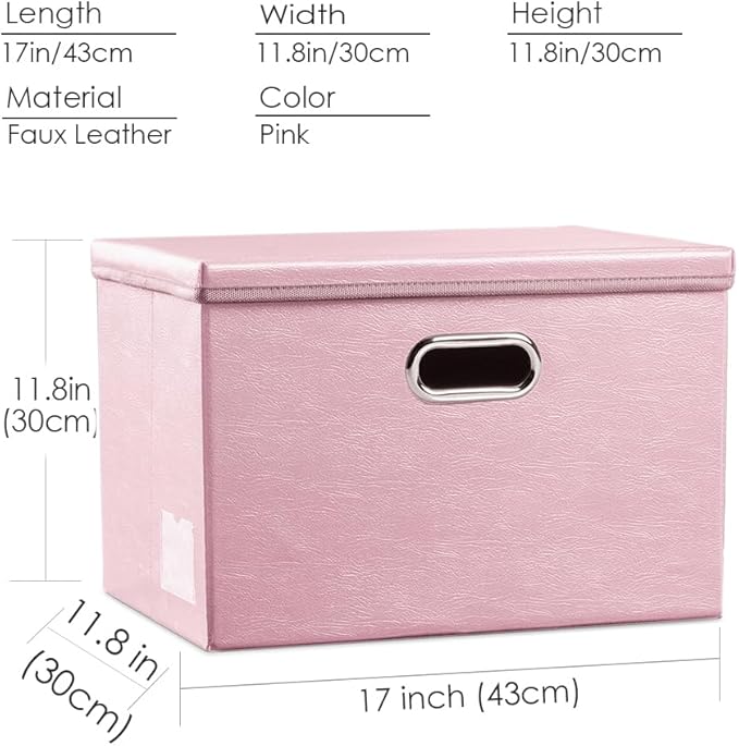 PRANDOM Large Stackable Storage Bins with Lids [3-Pack] Leather Fabric Foldable Storage Boxes Organizer Containers Baskets Cube with Cover for Bedroom Closet Office Nursery Pink (17.7x11.8x11.8)