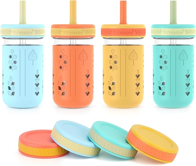 Tronco 12 oz Glass Sippy Cup for Kids & Toddlers | Mason Jar Smoothie Cups with Spill-Proof Silicone Straws, Non-Slip Silicone Sleeves & Lids, BPA-Free Snack Cups, Dishwasher Safe