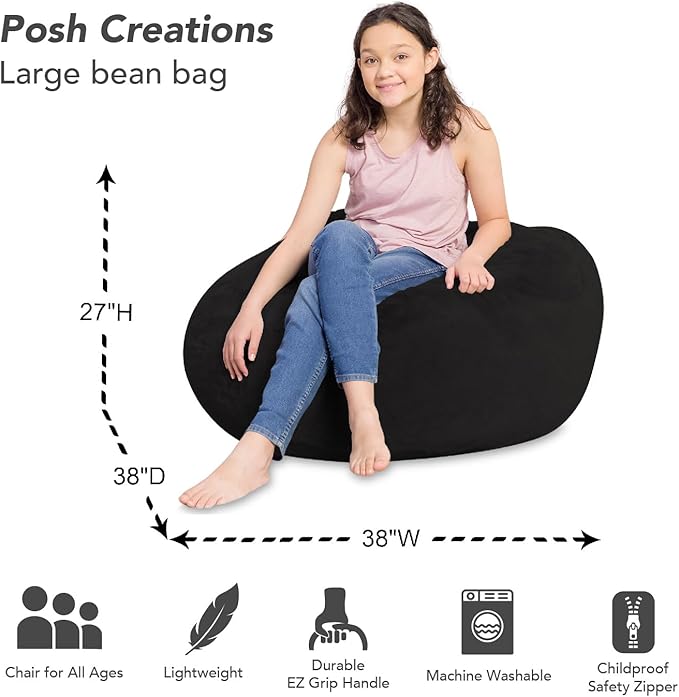 Posh Creations Bean Bag Chair for Kids, Teens, and Adults Includes Removable and Machine Washable Cover, Soft Faux Rabbit Fur - Black, 38in - Large