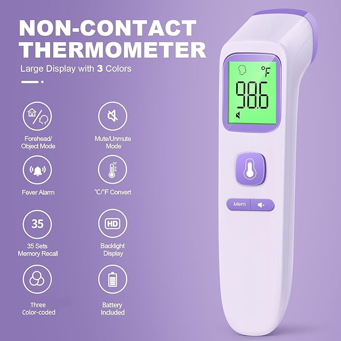 No-Touch Thermometer for Adults and Kids, Digital Accurate Baby Thermometer with Fever Alarm, 1 Second Fast Result, Easy to use, 2 in 1 Mode (Purple)