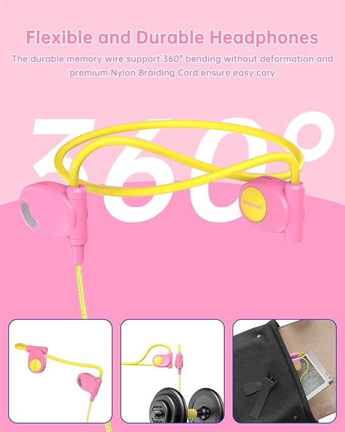 Kid Headphones for School, Air Conduction Open Ear Headphones, 3.5mm Jack Wired Cord, Ultra-Comfort, Ergonomic and Lightweight Design Perfect for School and Outdoor Activities-Yellow Pink